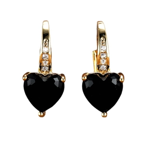 Elegant gold heart earrings featuring black heart-cut gemstones and sparkling micro-zirconia