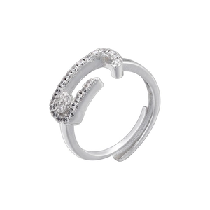 Detailed view of silver paperclip ring with sparkling crystals and adjustable opening