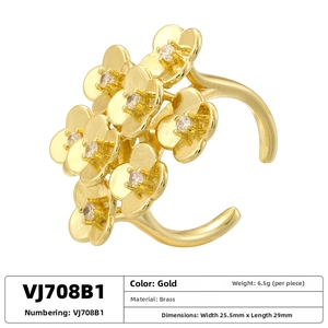Detail view of gold sunflower open ring with cubic zirconia petals and size specs