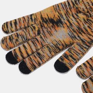 Detailed knit texture and touchscreen fingertips of tie-dye winter thermal gloves