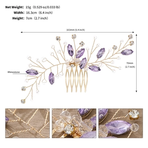 Dimensioni dettagliate del pettine in cristallo viola, larghezza 16,3 cm e peso 15 g