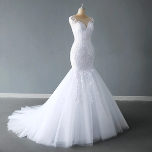 Elegant white lace mermaid bridal gown with V-neck sleeveless bodice and sequin embroidery