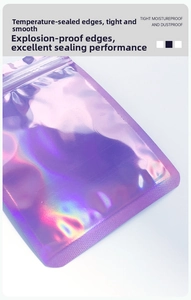 Macro shot of durable thermal sealing edges on colorful holographic zip lock pouch