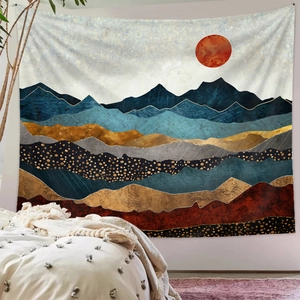 Abstract mountain landscape tapestry with sun and moon pattern for bedroom wall decor