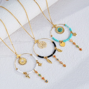 Bohemian Stainless Steel Ring Pendant Necklace For Women Colorful Artificial Pearl Seed Beads Sun Feather Flower Tassel Enamel Jewelry
