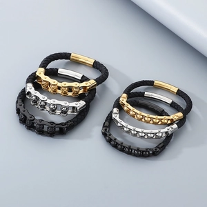 Men Stainless Steel Bracelet Braided Leather Punk Skull Rotating Beads Six Word Mantra Gothic Biker Wristband Clasp