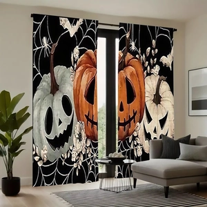 Detail of Halloween curtains featuring Jack-o'-lanterns, spider webs and bats print