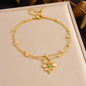 Chic gold-layered stainless steel anklet with colorful floral charms and heart pendants