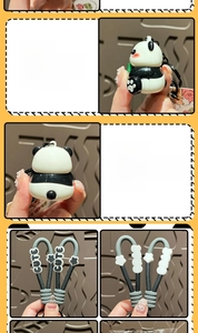 Detail view of cute panda keychain with elastic lanyard and cute decorative strap
