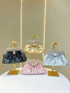 Sparkling rhinestone evening bags in black, gold, pink and silver with pleated satin finish