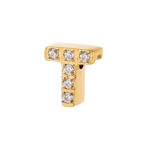 Detailed view of a gold-plated T-shaped pendant featuring six sparkling cubic zirconia