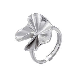 Macro view of silver adjustable ring featuring an abstract crumpled leaf design