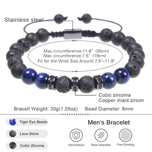 Herrenarmband mit 8mm blauen Tigerauge- und Lavasteinen, verstellbar mit Zirkonia-Anhänger