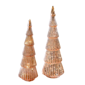 Golden ribbed glass Christmas tree ornaments set with internal LED lights for tabletop decor