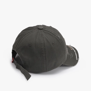 Distressed charcoal cotton baseball cap with embroidered letter detail and adjustable strap