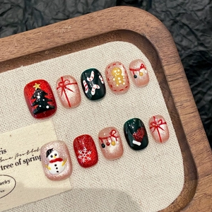 Handmade Christmas Press On Nails Short Round Red Green Festive 3D Bow Snowman Design Artificial Nails For Women Girl
