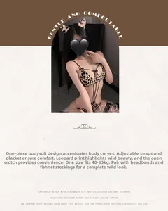 Detailed view of leopard print sexy bodysuit with cross straps and matching fishnet stockings