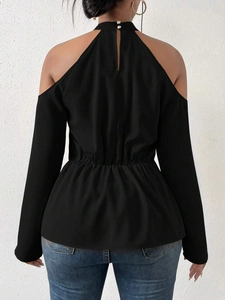 Elegant black off-shoulder long sleeve top with pearl neck detail and cinched waist back