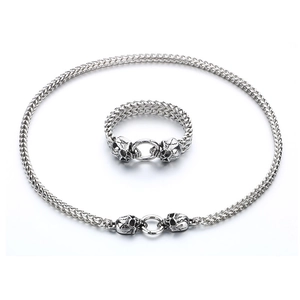 Silver stainless steel punk skull jewelry set featuring woven chain necklace and bracelet