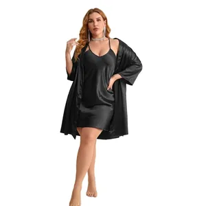 Two-piece black satin sleepwear set including a camisole dress and robe for women