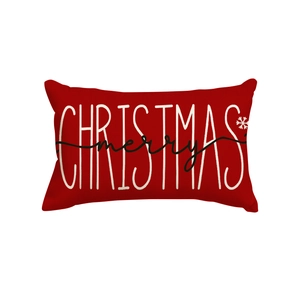 Rectangular red linen Christmas pillow cover with white snowflake and merry text print