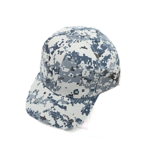 Outdoor camouflage baseball cap in blue and grey digital pattern, 45-degree angle view