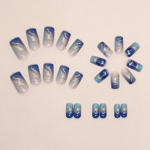 Blue gradient medium long square press-on nails with gold foil glitter accent details
