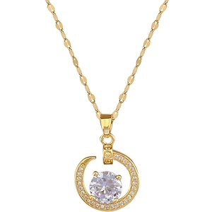 Elegant gold titanium steel necklace with a sparkling round zircon pendant for women