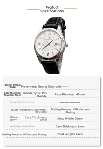 Detail view of quartz watch with 40mm stainless steel case and black leather strap