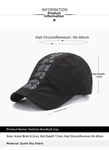 Information chart of black sport flat cap showing adjustable size and dimensions