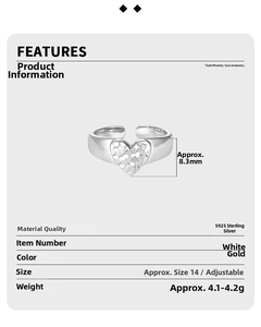 Detail showing S925 sterling silver heart ring specifications and scaled texture surface