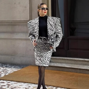 Women Zebra Print Lapel Blazer And Matching Skirt Long Sleeve Streetwear Outfits Fashion Black White