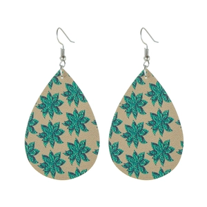 Detail of teardrop leather earrings featuring green floral patterns and silver ear hooks