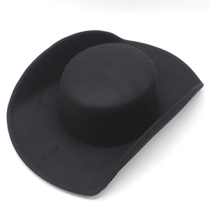 Close-up of black wool felt hat featuring a wide curved brim and smooth texture