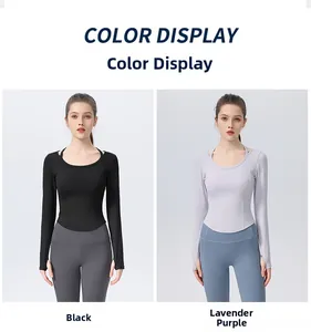 Detailed comparison of long sleeve yoga shirts in black and lavender with thumb hole cuffs