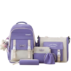 Five-piece purple and beige student backpack set with bear pendant and Lucky Sunday logo