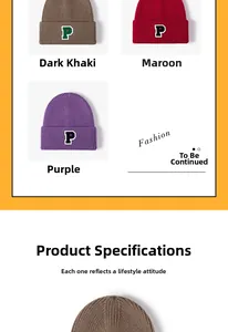 Detail of ribbed knit beanie with white embroidered letter P in burgundy and khaki colors