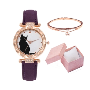 Tonneau watch with cat dial, purple leather strap, and star bracelet in gift box