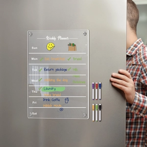 Detail view of magnetic acrylic weekly planner on fridge with 6 colored markers