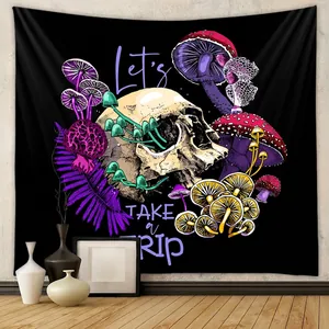 Mushroom Skull Tapestry Wall Hanging Polyester Psychedelic Trippy Gothic Aesthetic Decor For Bedroom Living Room