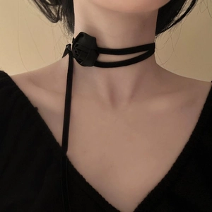 Elegant black fabric rose choker necklace with adjustable silk ribbon for women
