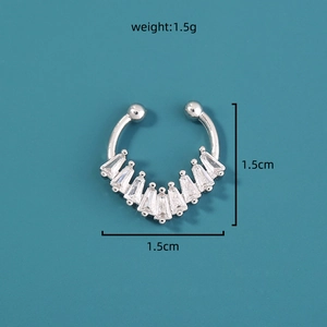 Detail view of silver non-pierced U-shaped nose ring with cubic zirconia inlay and measurements