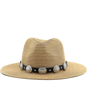Damen Fedora Strohhut Atmungsaktiv UV Schutz Strandreise Vintage Western Stil Mit Metallschnalle Lederband