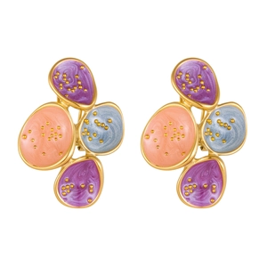 Three-tone oval drop earrings in stainless steel with colorful enamel and gold accents