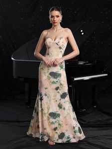 Elegant backless floral maxi dress with ruffle details for summer beach vacations