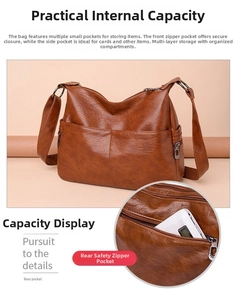 Close-up of brown PU leather bag showing functional zippers and vintage texture details