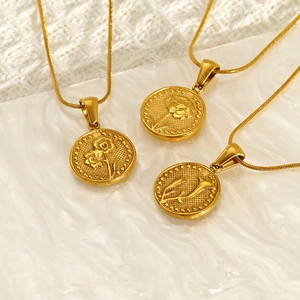 Birth Flower Pendant Necklace 18K Gold Plated 304 Stainless Steel Snake Chain Embossed Coin Jewelry For Women Retro