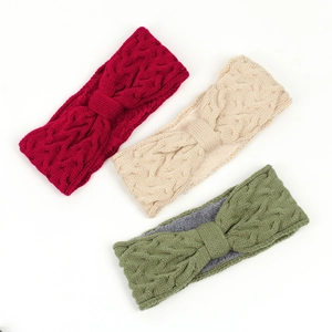 Three-pack cable knit headbands with fleece lining in burgundy, beige and olive green