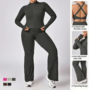 Women's plus size black yoga set with zipper top and flared leggings, quick dry sport suit