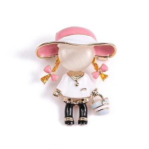 Cute cartoon girl brooch with pink hat and opal face in gold-plated alloy finish